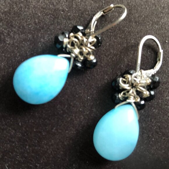 Hand Crafted Sterling Silver .925 Lever Back Dangle Earrings Blue + Black Sz OS - Picture 3 of 7